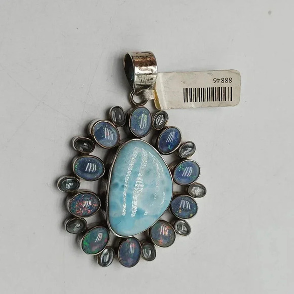 Larimar Opal Gemstone Pendant Sterling Silver Setting Blue Iridescent Stones - Picture 2 of 7